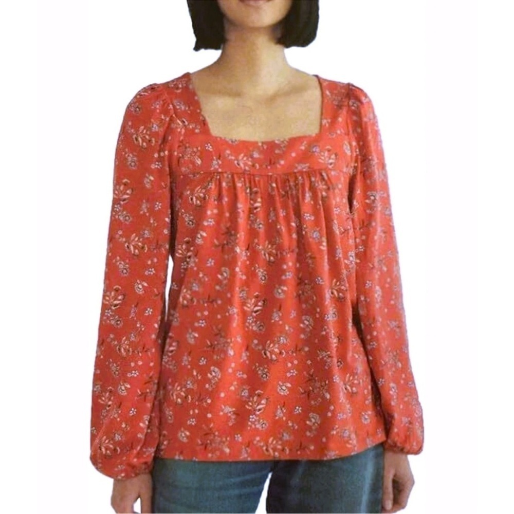 LUCKY BRAND Square Neckline Boho Floral Print Long Sleeve Puff Shoulder Blouse